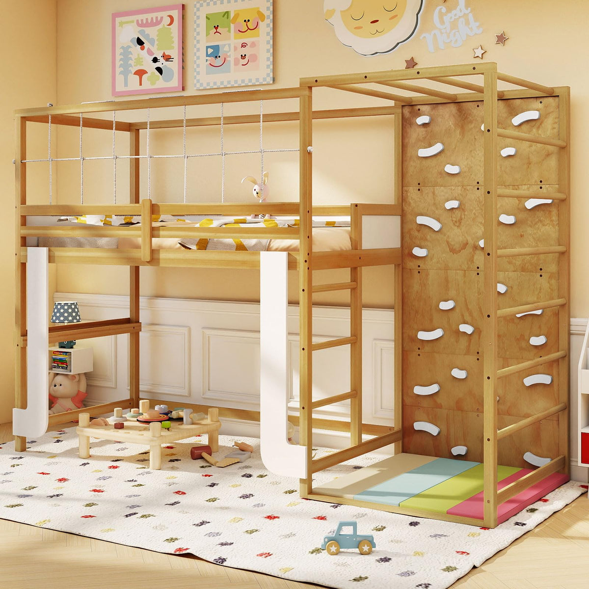 Goflame Twin Bunk Bed with Jungle Gym Wooden Loft Bed with Climbing Ladder