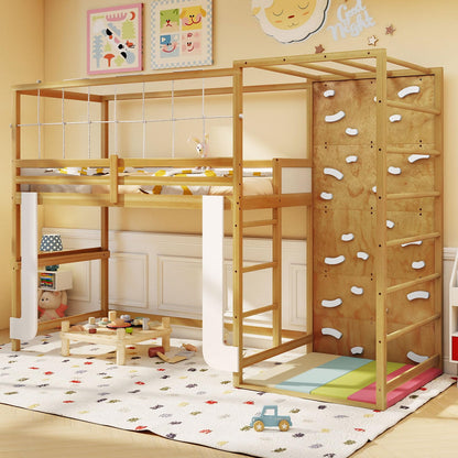 Goflame Twin Bunk Bed with Jungle Gym Wooden Loft Bed with Climbing Ladder