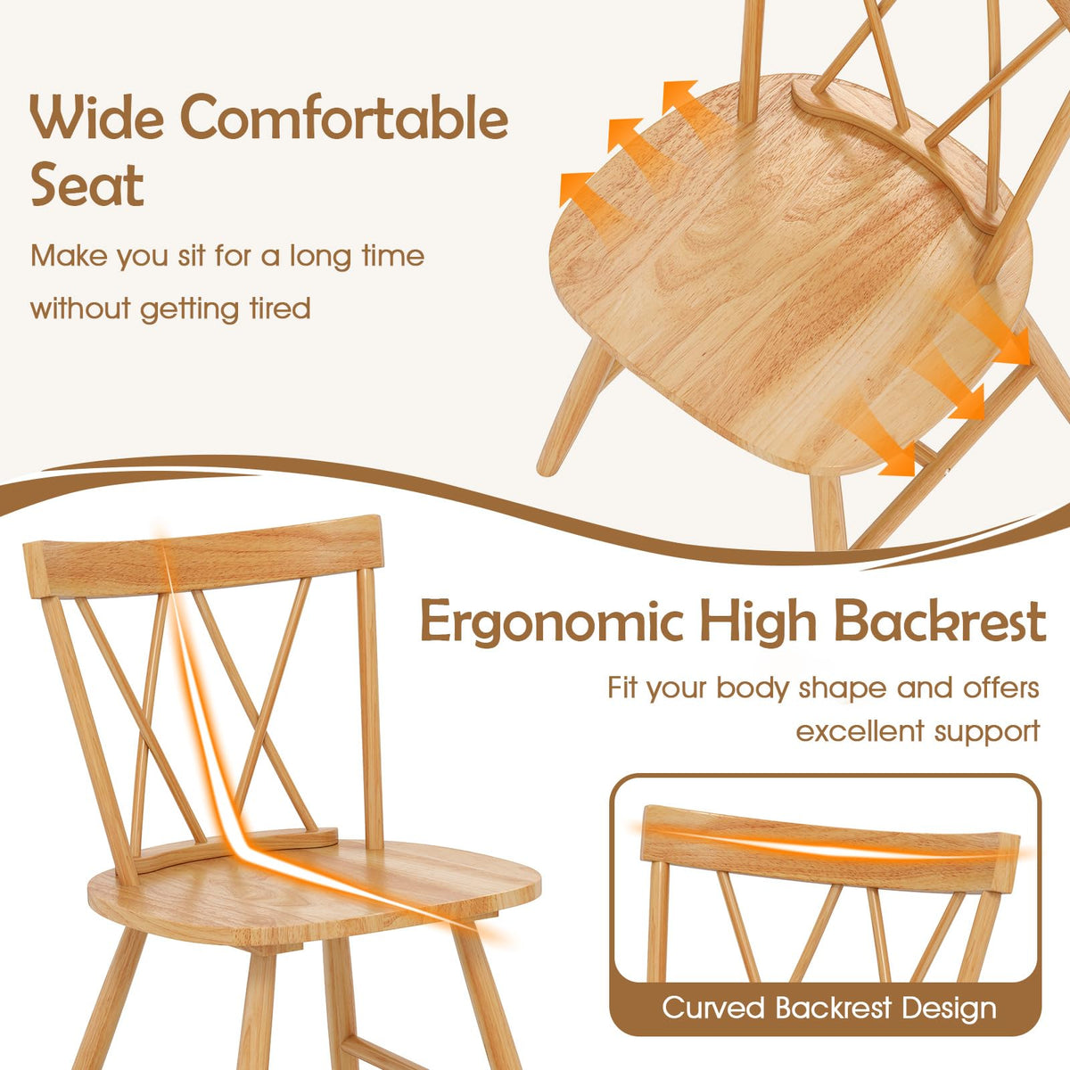 Goflame Wooden Dining Chairs Set of 2/4, Farmhouse Windsor Kitchen Chairs w/Cross Back, Wide Seat