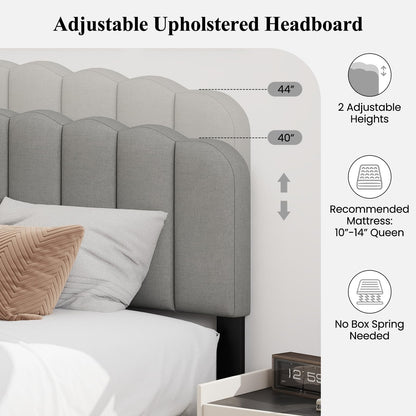 Goflame Queen Bed Frame Linen Upholstered Platform Bed with Adjustable Scalloped Tufted Headboard