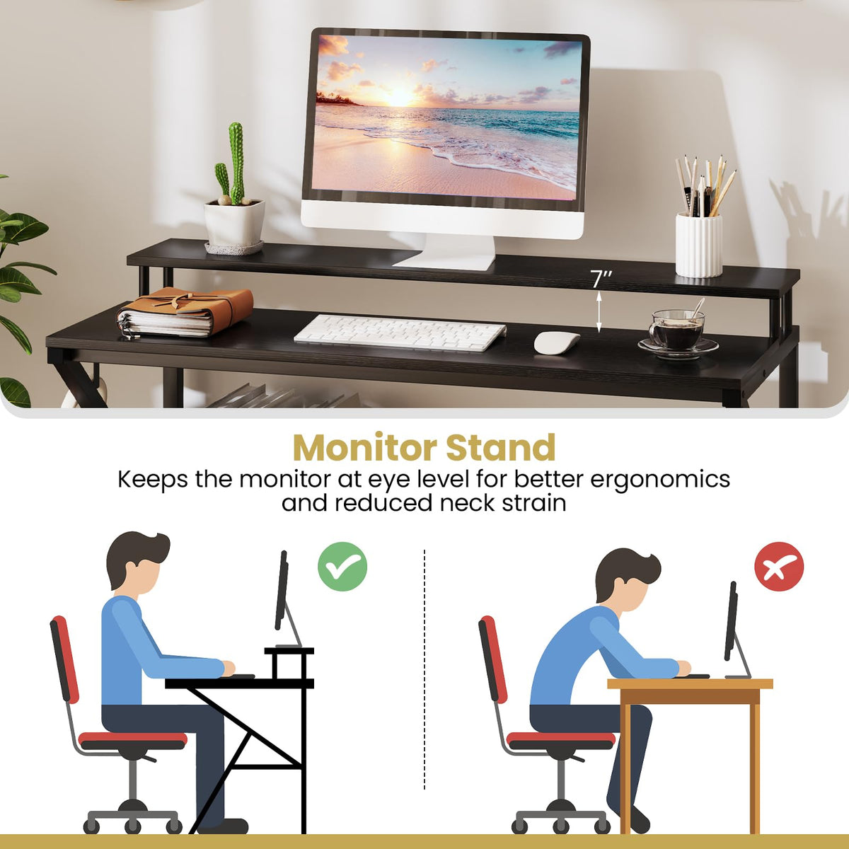 Goflame Space Saving Computer Desk with Monitor Stand and Extra Storage Shelf for Work Study