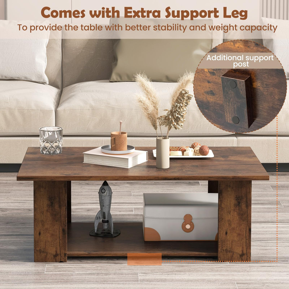 Goflame Rectangle Wood Center Table, 41" L 2-Tier Large Modern Tea Table w/Open Compartment