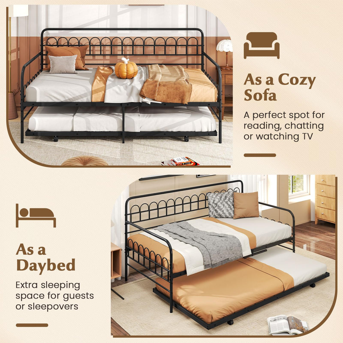 Goflame Twin Daybed with Trundle with Heavy-Duty Metal Slats