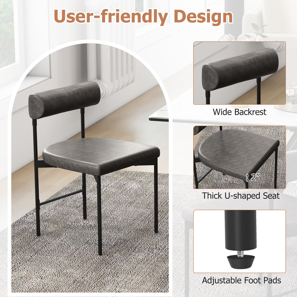 Goflame Dining Chairs, Faux Leather Upholstered Kitchen Side Chair with Padded Backrest and Cushion, Metal Legs