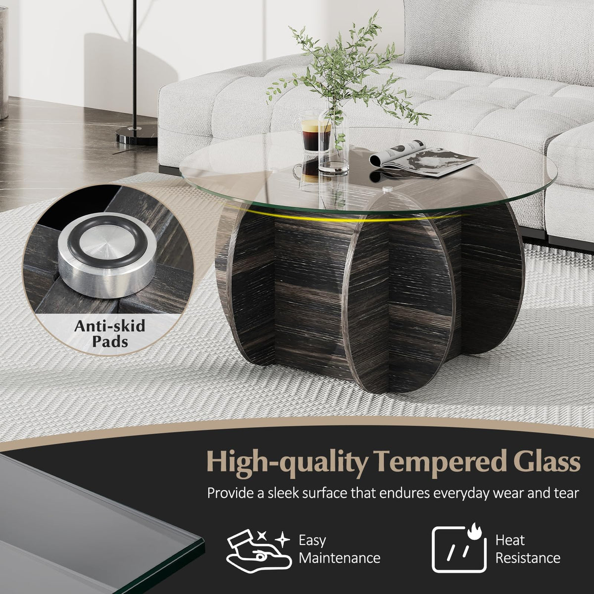 Goflame 35" Glass Round Coffee Table with Storage Tempered Glass Top & Solid Wood Base