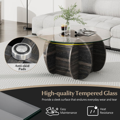 Goflame 35" Glass Round Coffee Table with Storage Tempered Glass Top & Solid Wood Base