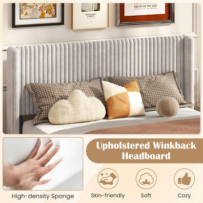 Goflame Queen Velvet Bed Frame Upholstered Platform Bed with Vertical Tufted Wingback Headboard
