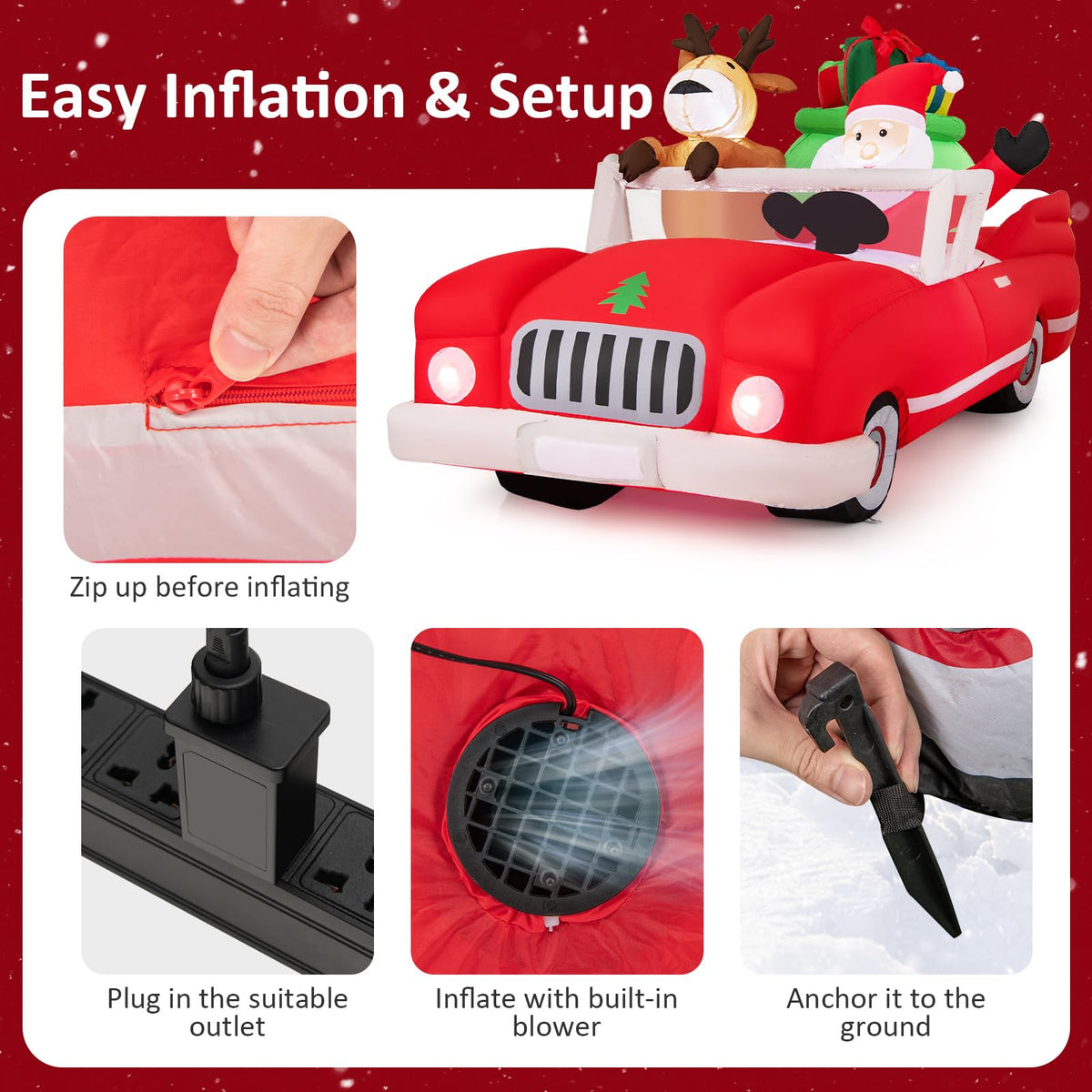 Goflame 7.7 FT Long Lighted Xmas Inflatable Santa Claus & Reindeer Driving Red Car Gift Boxes