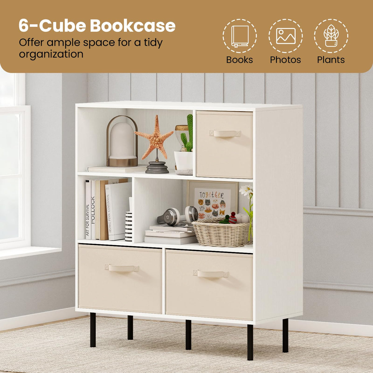 Goflame 6-Cube Bookshelf 3-Tier White Bookcase