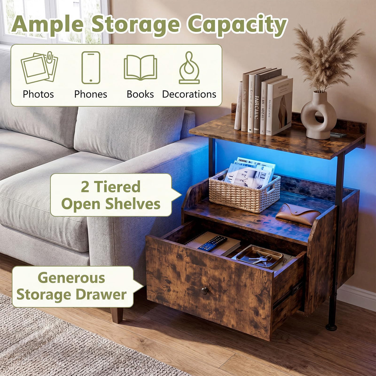 Goflame Nightstand w/Charging Station & LED Light (1/2)