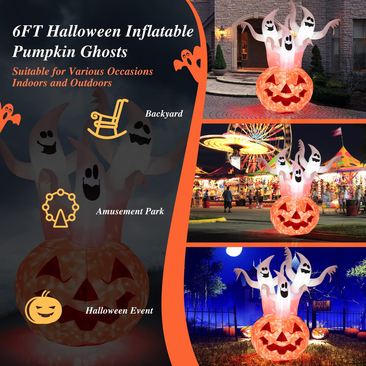 6FT Halloween Inflatable Decorations, 3 White Ghosts on Pumpkin