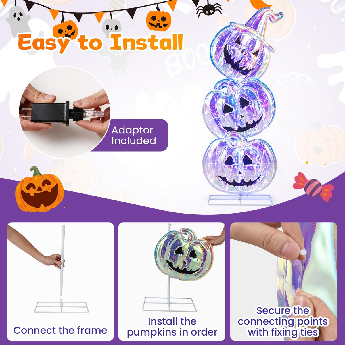 Goflame 3.4 Ft Halloween Decorations, Light up Stacked Pumpkins with 150 LED Lights