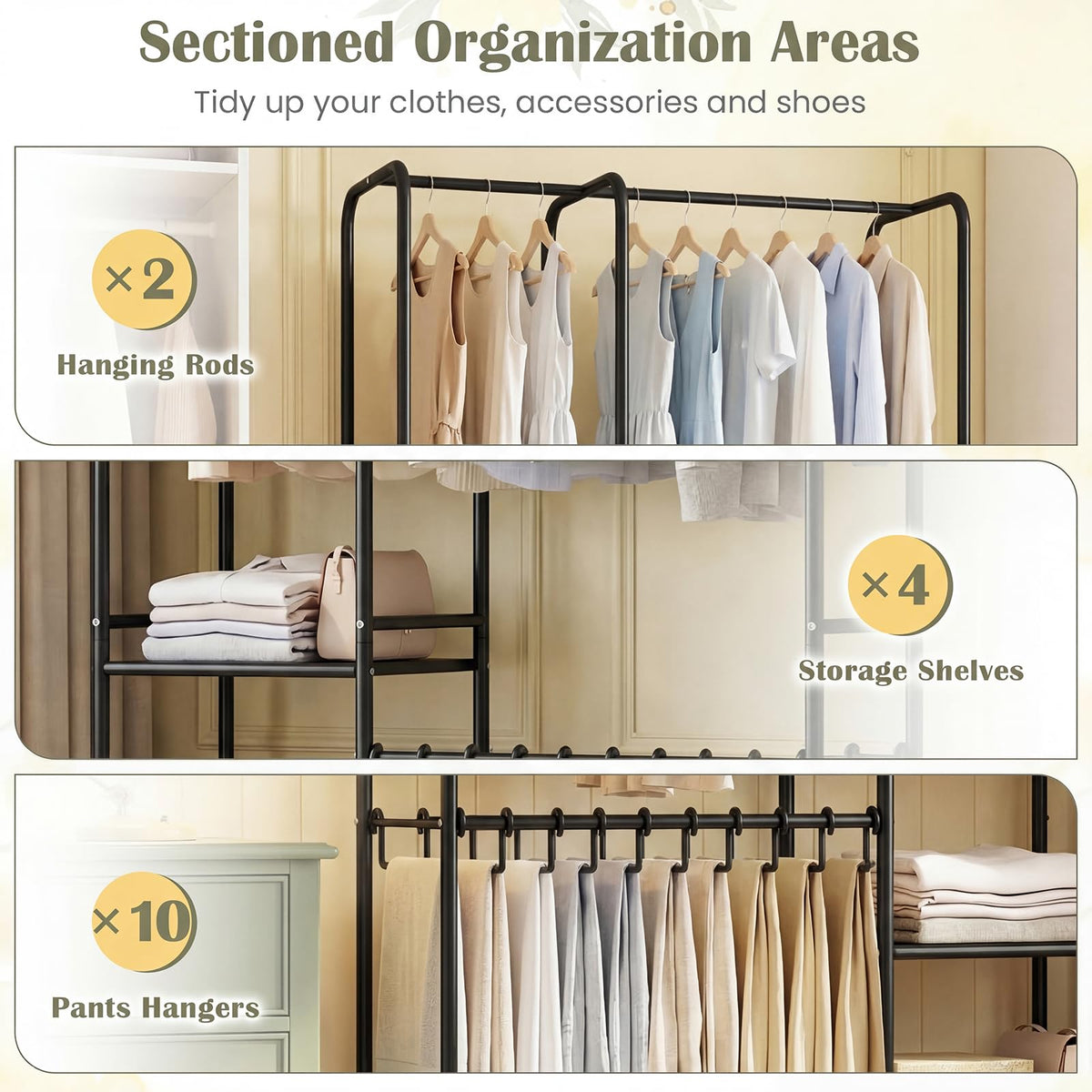 Goflame Heavy-Duty Metal Clothing Rack with 2 Hanging Rods & 4 Storage Shelves