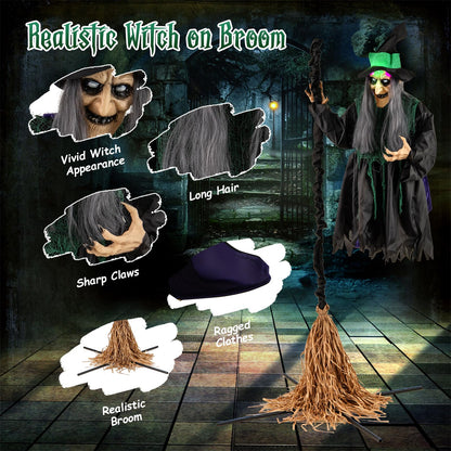 Goflame Witch with Broomstick Halloween Animatronic, Life Size Animated Halloween Prop with Laughing and Screaming Sound