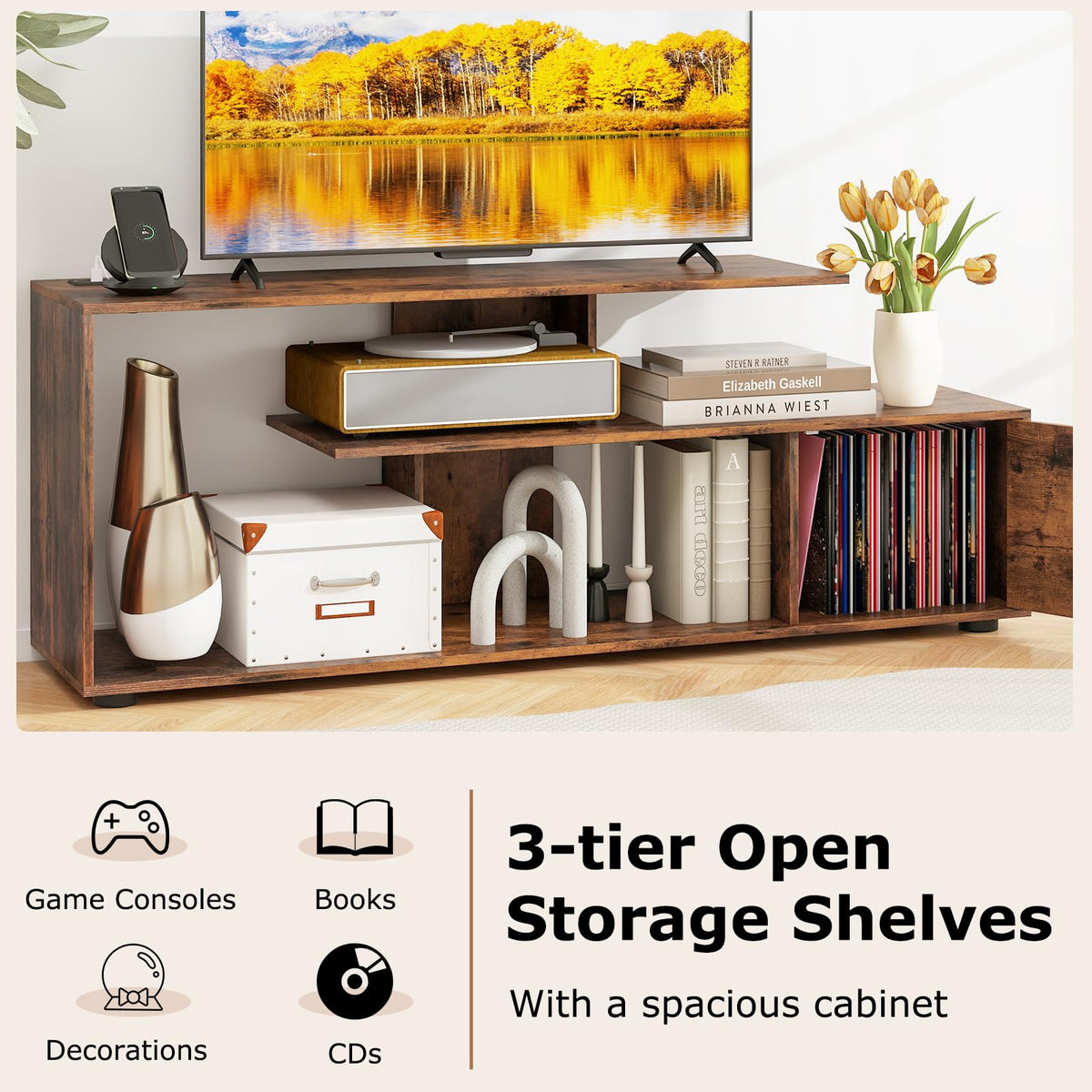 Goflame TV Stand with Power Outlet for TVs up to 55 Inch, Entertainment Center with Storage Cabinet & Open Shelves