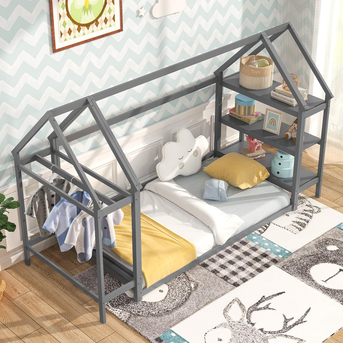 Goflame Twin Floor Bed, Wood Montessori Floor Bed with Detachable 3 Tier Storage Bookshelf & Clothes Rack