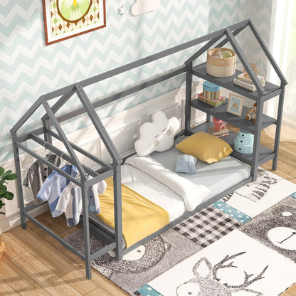 Goflame Twin Floor Bed, Wood Montessori Floor Bed with Detachable 3 Tier Storage Bookshelf & Clothes Rack