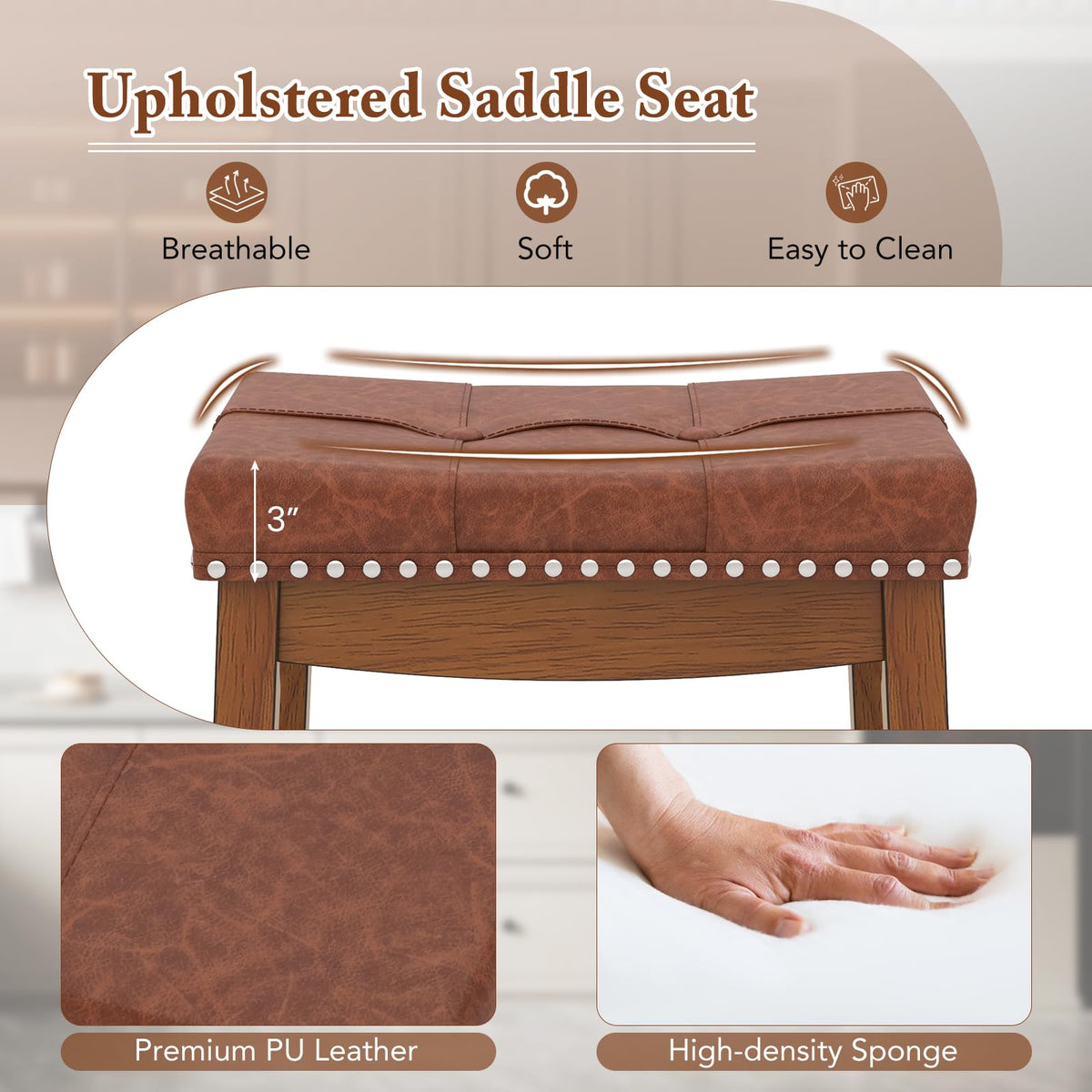 Goflame Bar Stools Set, 29" Counter Height Bar Stools w/Saddle Seat, Footrest, Rivet, Button Tufted, Rubber Wood Frame