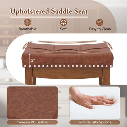Goflame Bar Stools Set, 29" Counter Height Bar Stools w/Saddle Seat, Footrest, Rivet, Button Tufted, Rubber Wood Frame