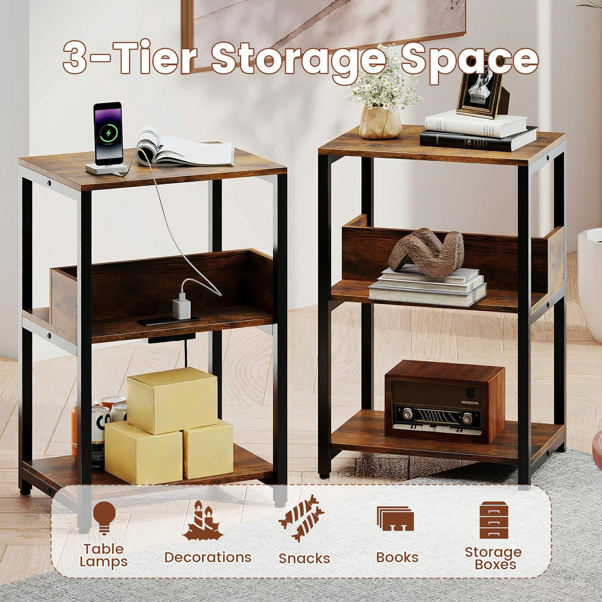 Goflame Side Table with Charging Station - Industrial 3-Tier Bedside Table w/Open Storage Shelves