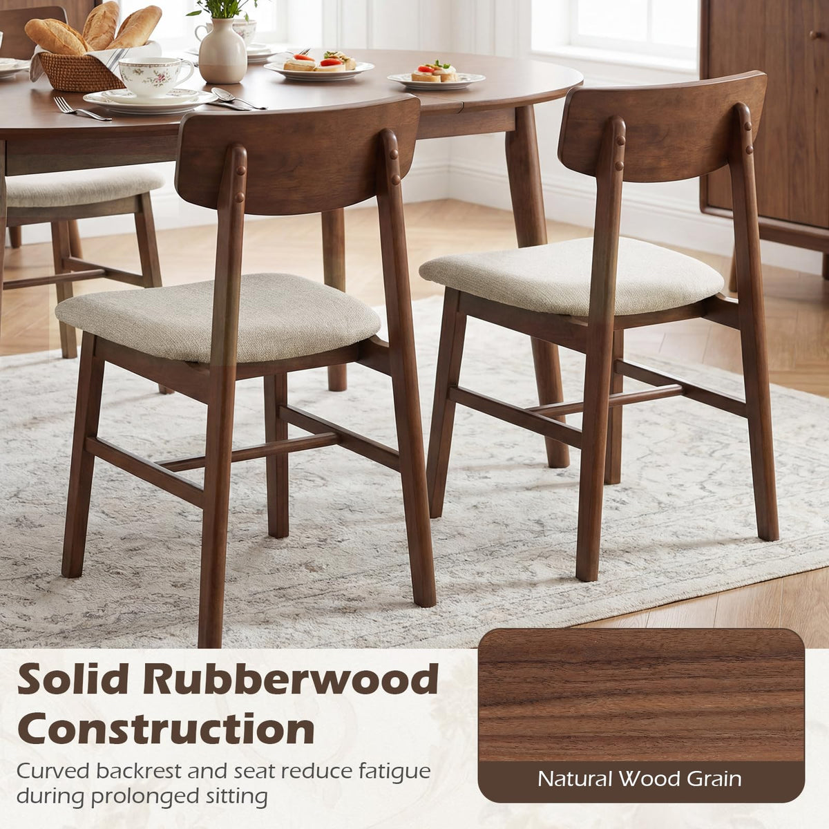 Goflame Solid Rubber Wood Dining Room Chairs with Curved Backrest