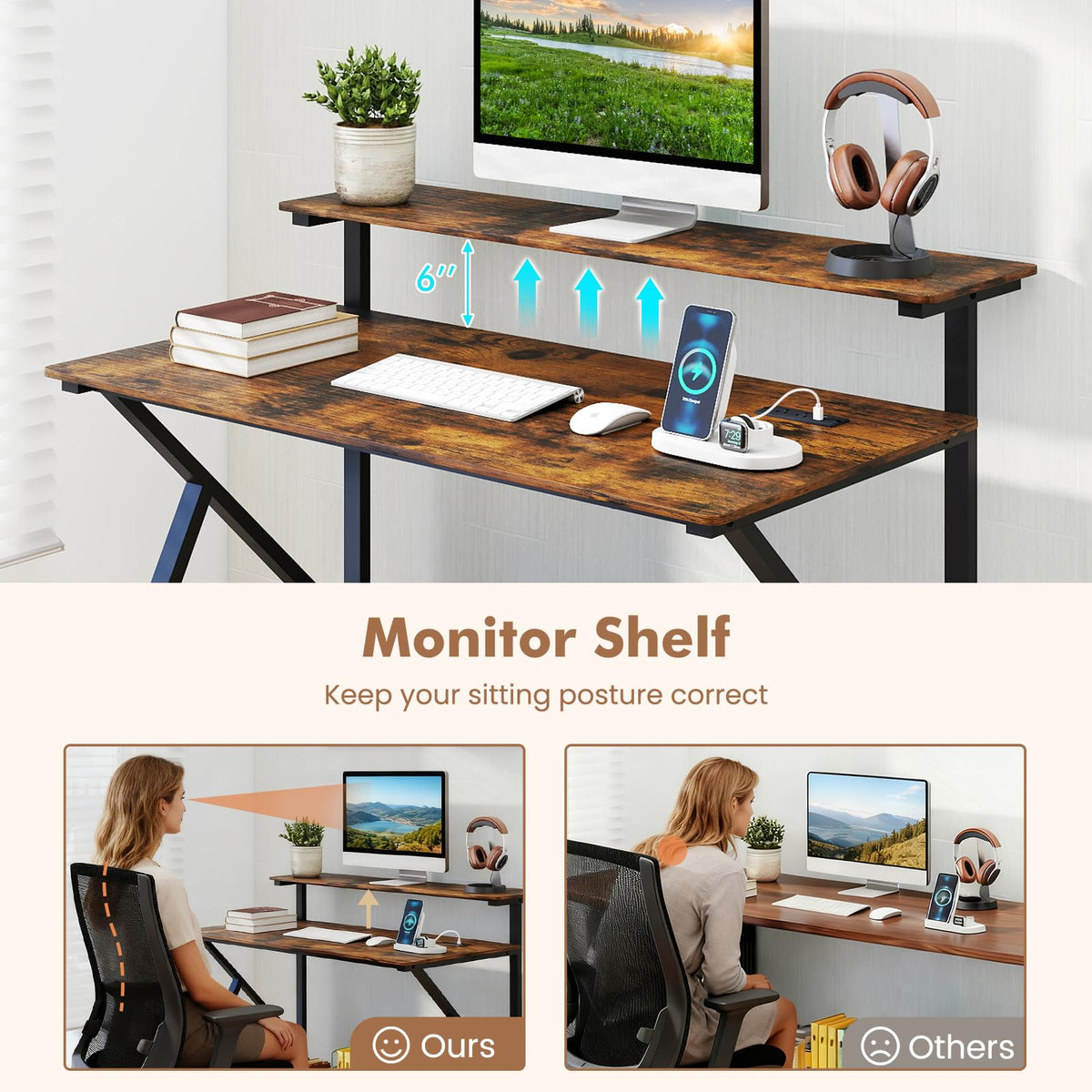 Goflame Rolling Computer Desk with Charging Station