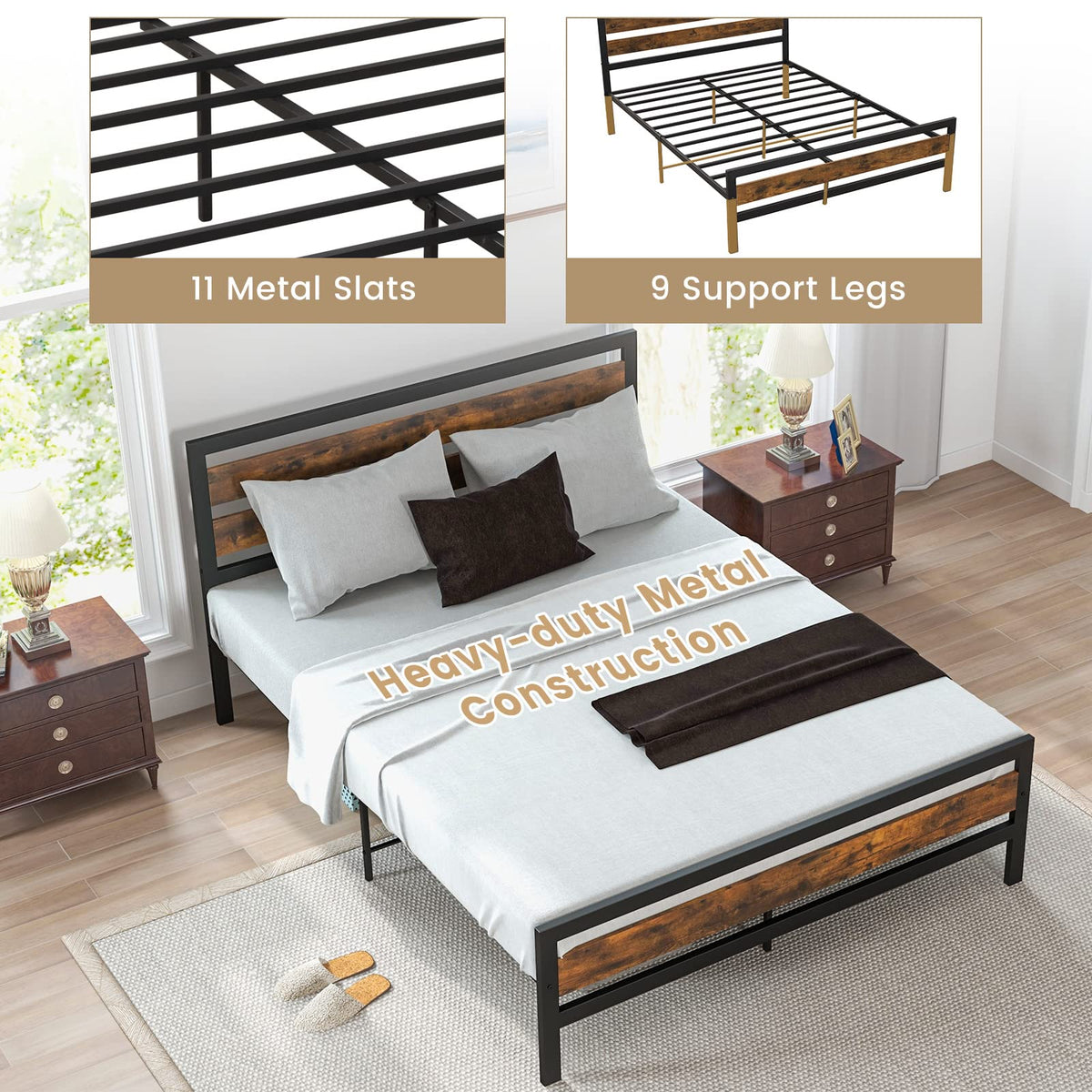Goflame Queen Metal Platform Bed Frame with Wooden Headboard & Footboard, Rustic Brown