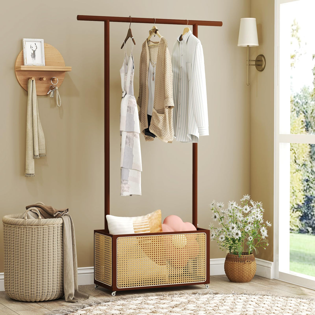 Goflame Bamboo Clothes Rack 2-In-1 Clothing Hanging Rail for Hallway Living Room Bedroom