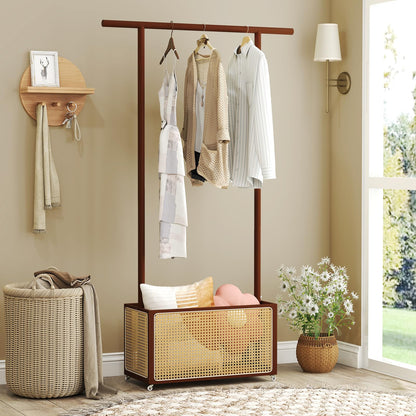 Goflame Bamboo Clothes Rack 2-In-1 Clothing Hanging Rail for Hallway Living Room Bedroom