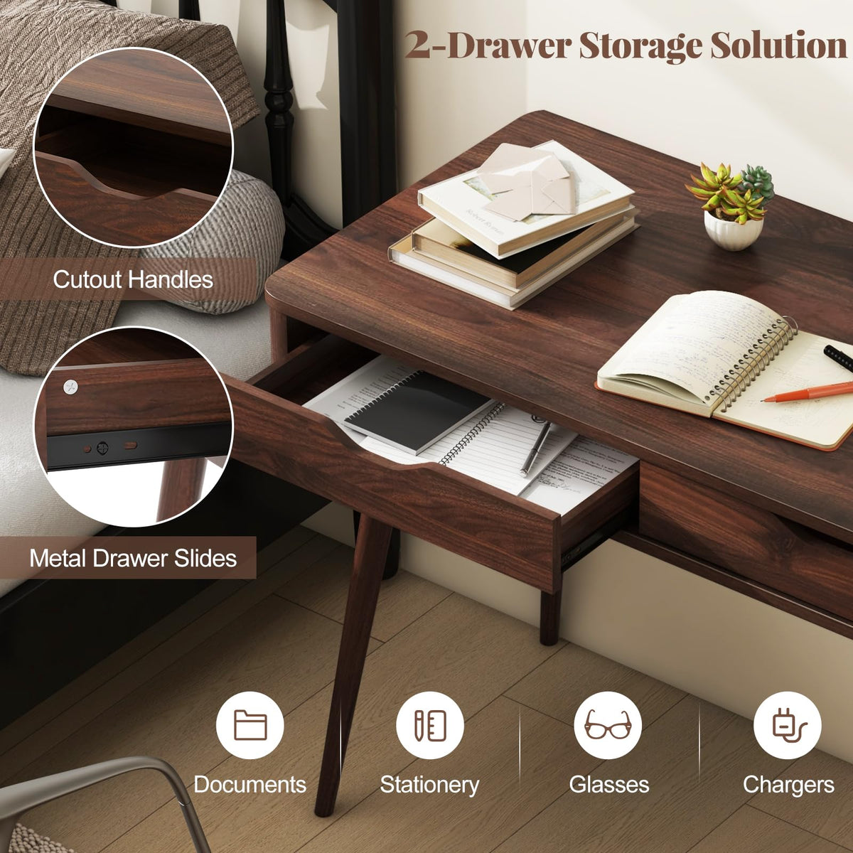 Goflame Mid-Century Desk with 2 Drawers, 43.5" Writing Study Desk with Solid Rubber Wood Legs