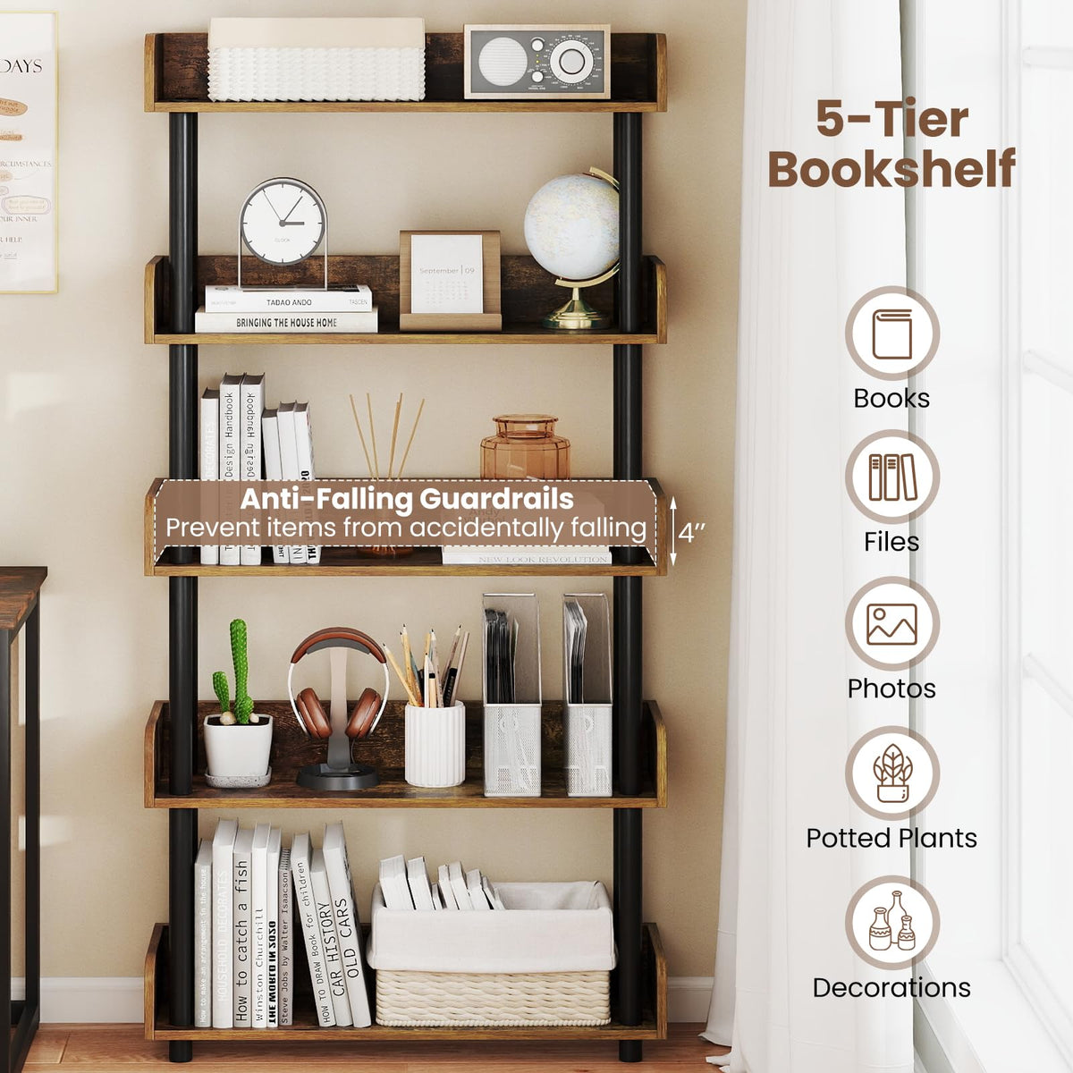 Goflame 5-Tier Bookshelf with Anti-Tipping Kit & Open Storage Organizer for Living Room Bedroom