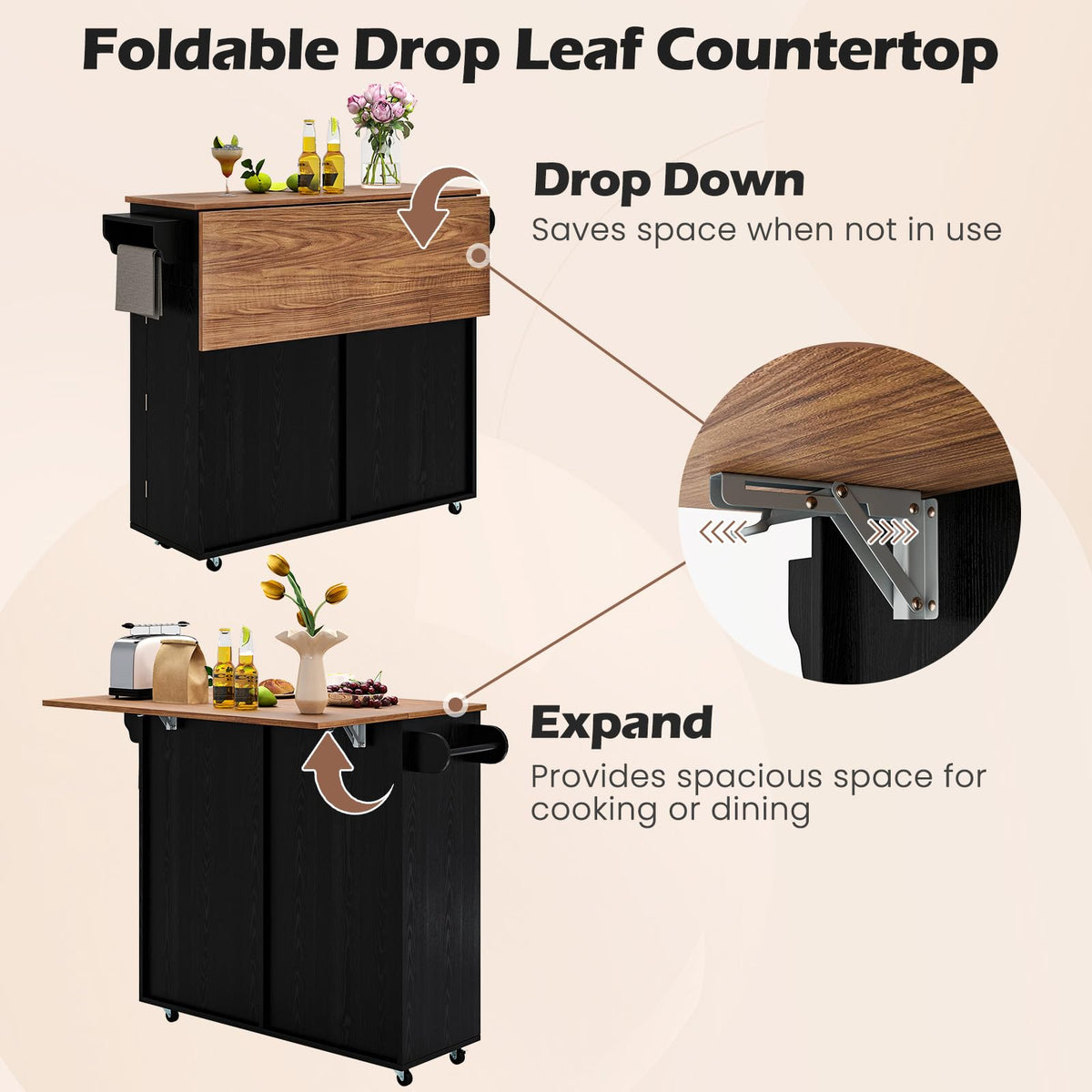 Goflame Kitchen Island Cart with Hidden Tilt Out Trash Can Cabinet, Drop Leaf, 2 Drawers, Towel Rack