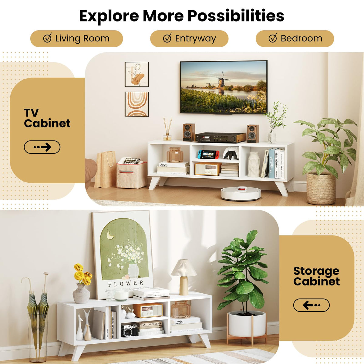 Goflame TV Stand for TVs up to 55", 4-Cubby Entertainment Center
