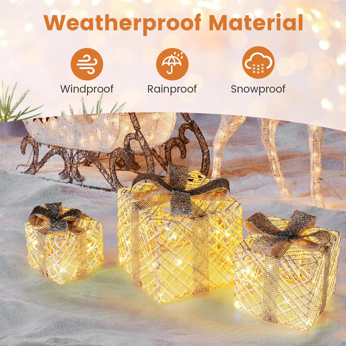 Goflame Set of 3 Christmas Lighted Gift Boxes, 90 LED Light up Present Boxes with Bows