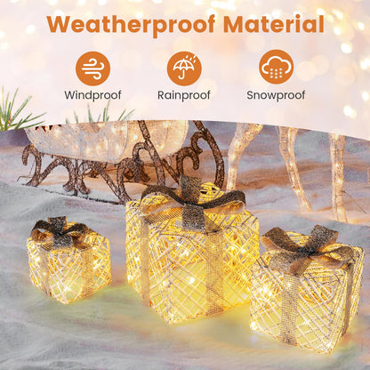 Goflame Set of 3 Christmas Lighted Gift Boxes, 90 LED Light up Present Boxes with Bows
