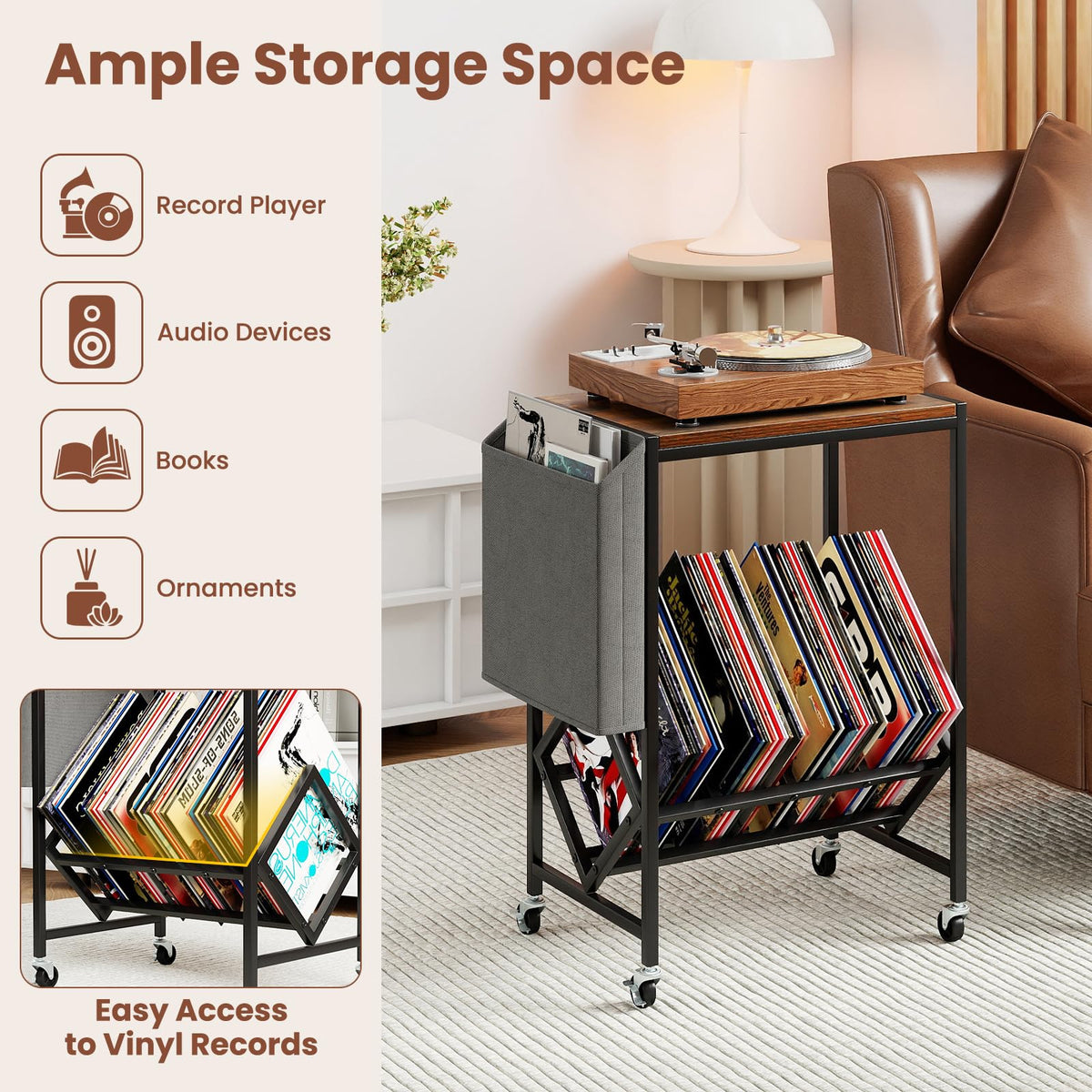 Goflame Rolling Record Player Stand 2-Tier with Vinyl Storage and Magazine Holder Bag
