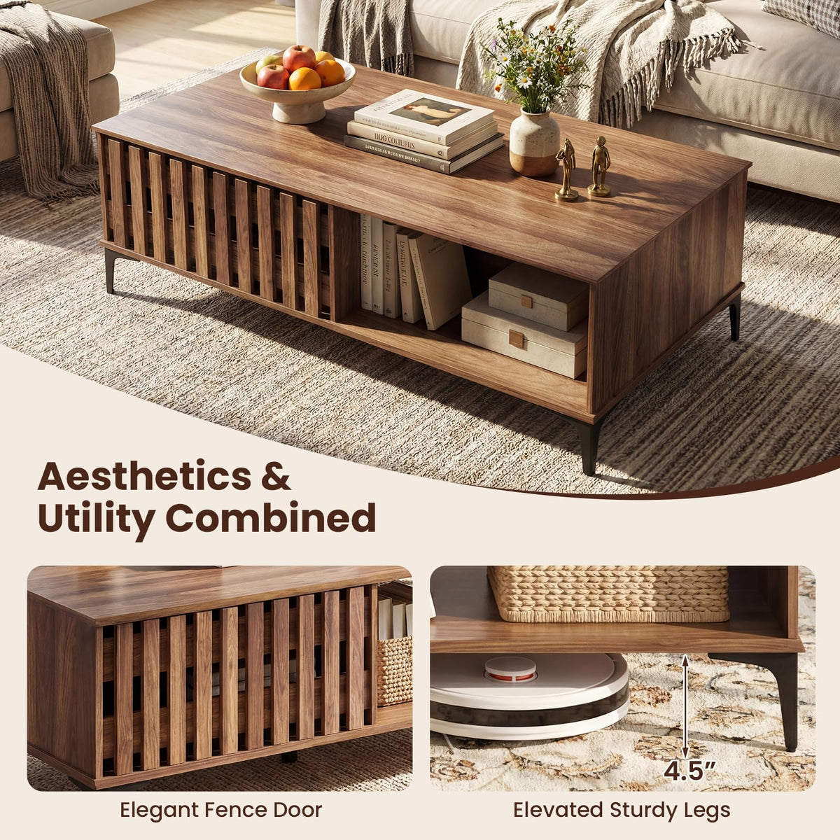Goflame 47 Inch Wood Mid Century Coffee Table with Storage