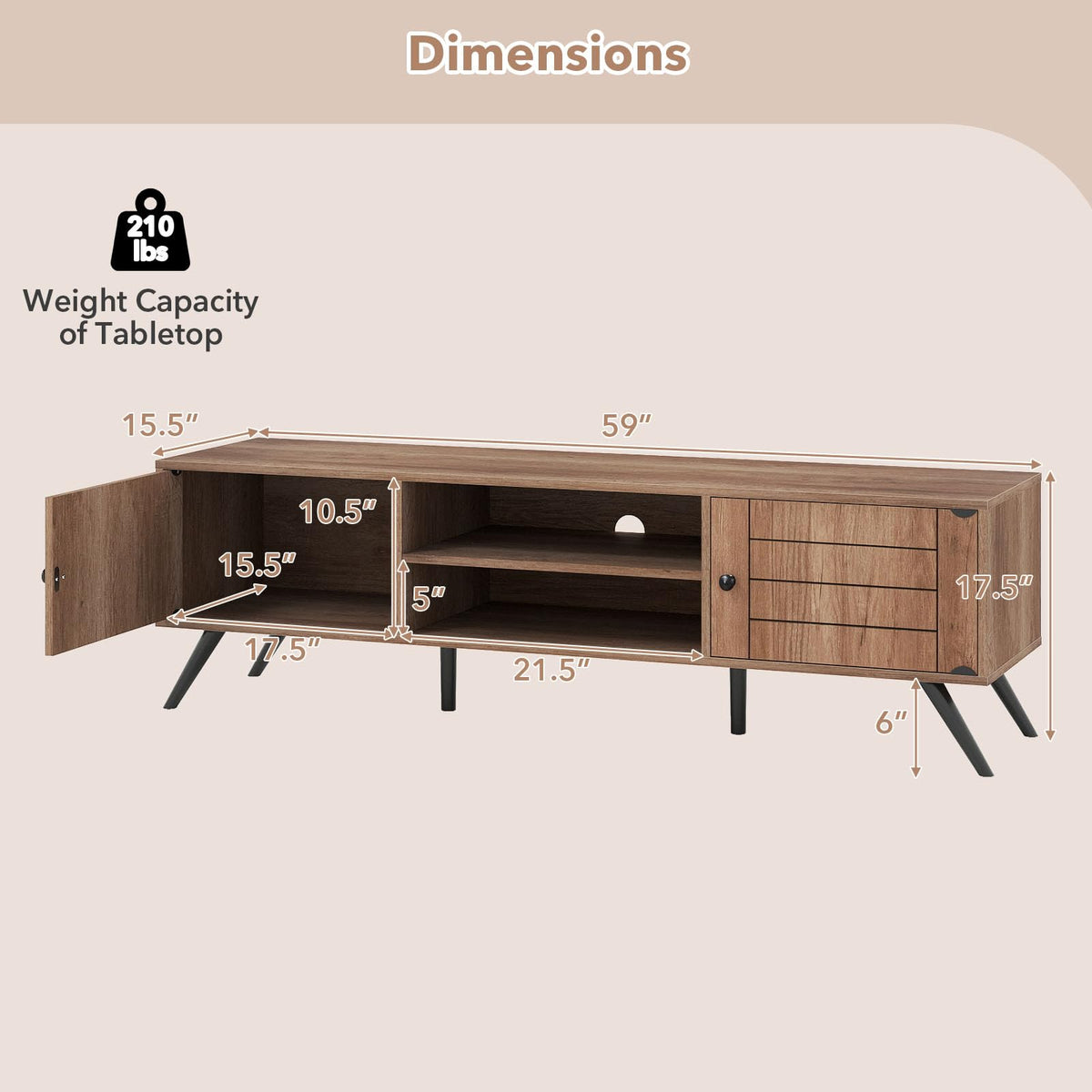 Goflame 2-Door TV Stand for TVs up to 65 Inch with Open Shelves