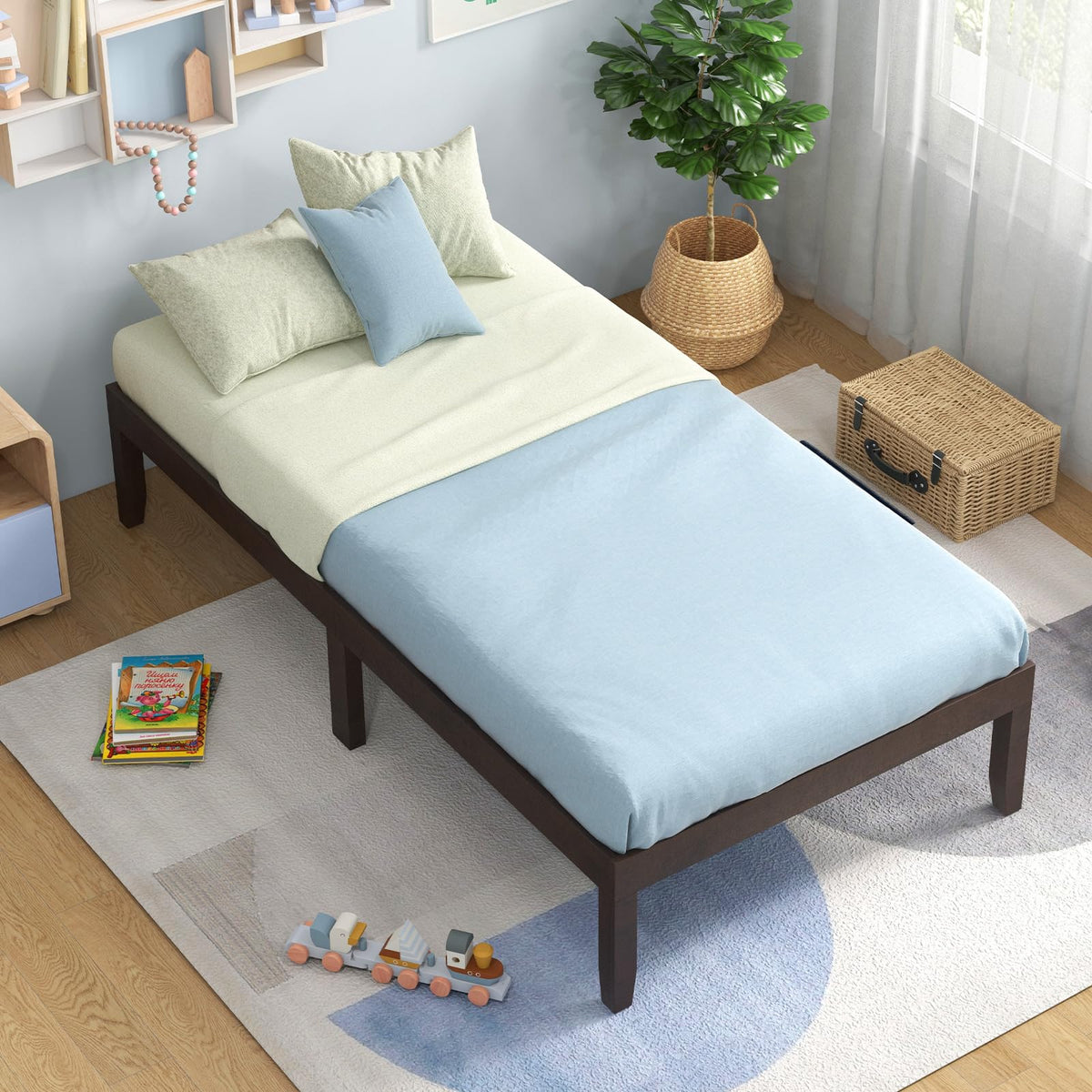 Goflame 14 Inch Twin Wood Platform Bed Frame, Minimalist Twin Bed Frame with Wooden Slats Support & Rubber Wood Legs