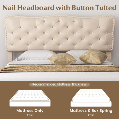 Goflame Full Size Bed Frame Beige, Linen Fabric Upholstered Platform Bed Frame with Nail Headboard