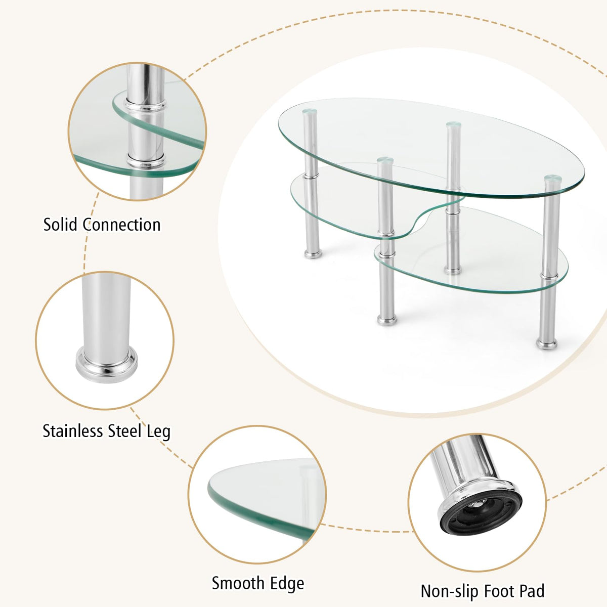 Goflame Oval Glass Coffee Table - 3-Tier Transparent Tempered Glass Center Table with Metal Stand, 35"× 20" ×18"