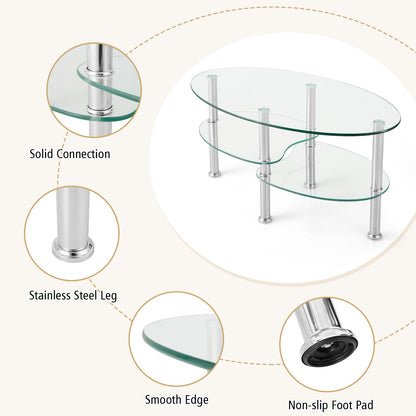 Goflame Oval Glass Coffee Table - 3-Tier Transparent Tempered Glass Center Table with Metal Stand, 35"× 20" ×18"