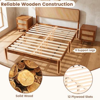 Goflame Wooden Bed Frame Full/Twin/Queen Size with Rattan Headboard