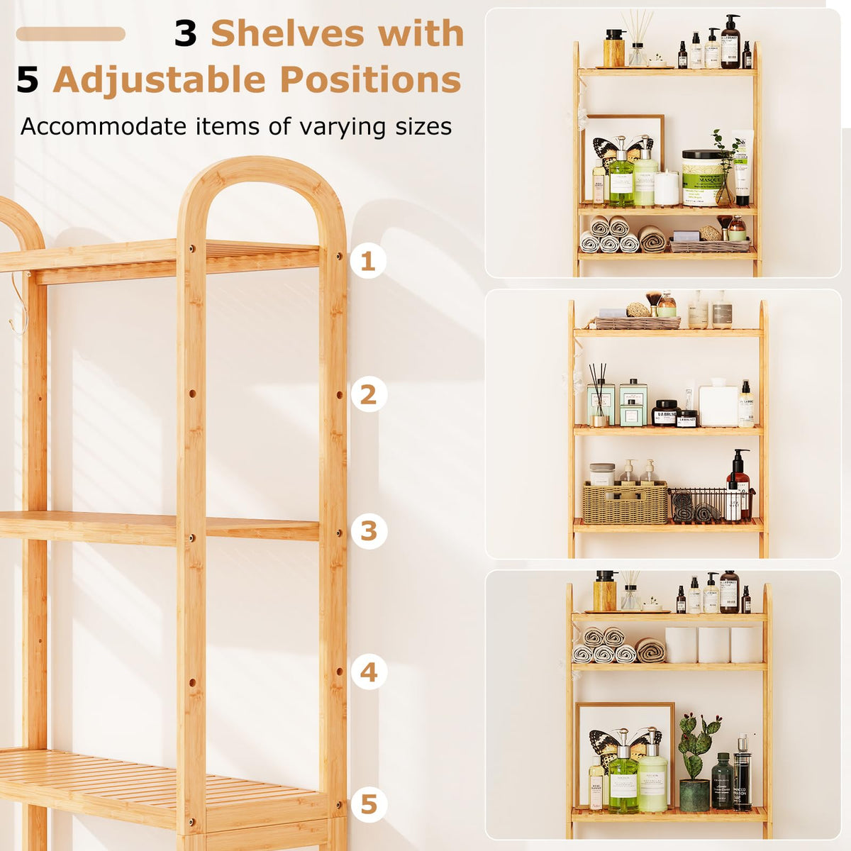 Goflame Bamboo Over The Toilet Storage, 3-Tier Bathroom Toilet Shelf Rack