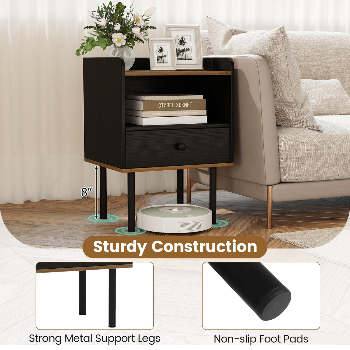 Goflame Wood Night Stand with Drawer - Mid Century Modern Bedside Table