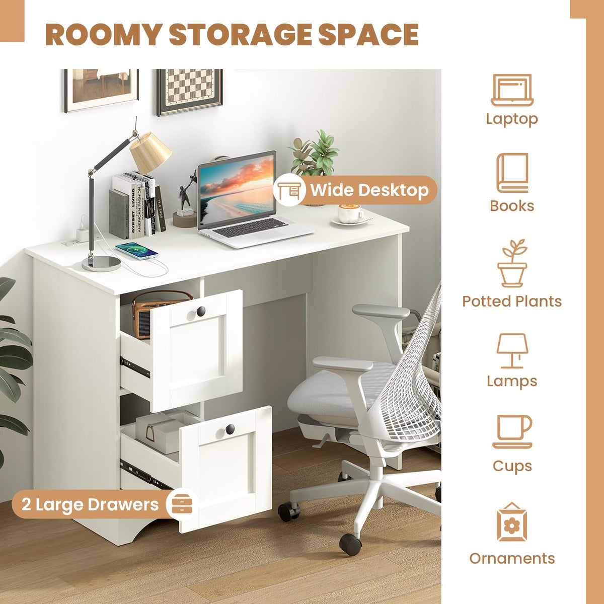 Goflame White Desk with 2 Drawers, 43” Wooden Home Office Desk with Charging Station