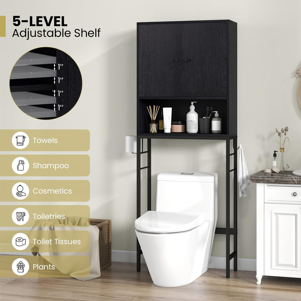 Goflame Over The Toilet Storage Cabinet - Toilet Shelf Rack with Anti-Tip Device