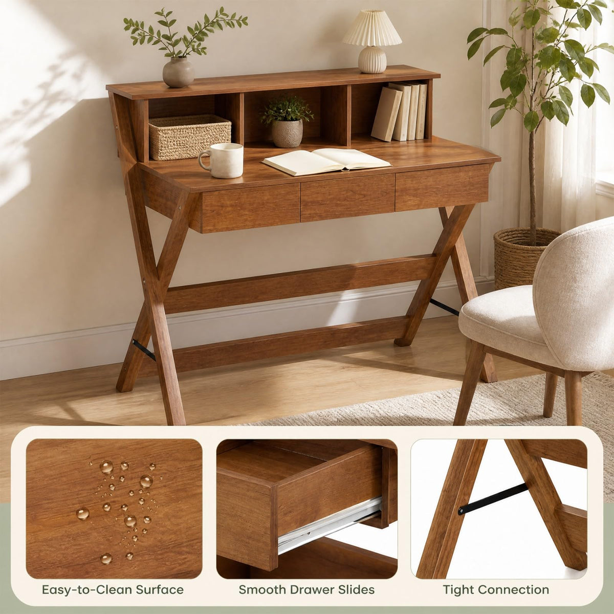 GOFLAME Study Writing Desk with 3 Storage Drawers for Bedroom