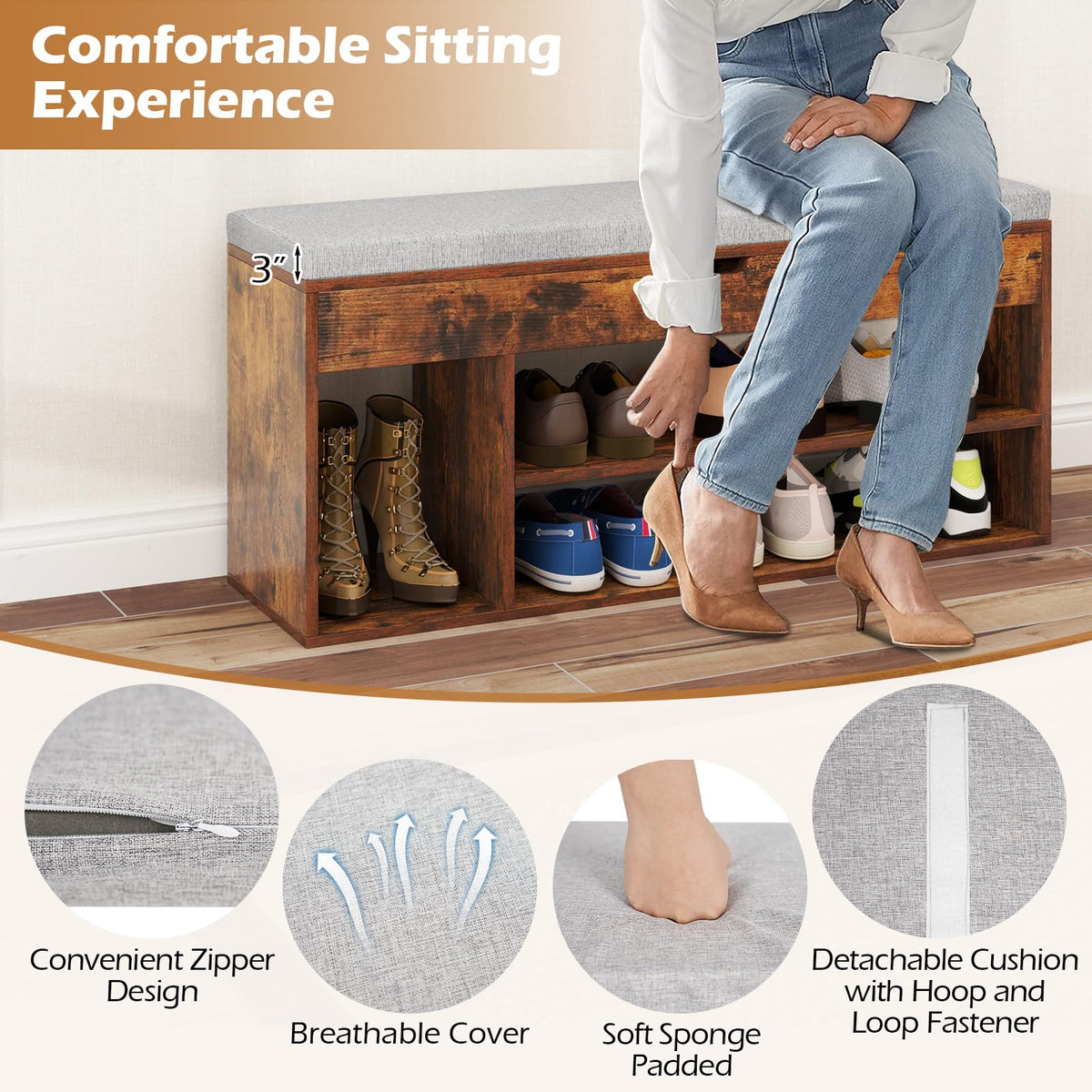 Goflame 3 Tier Shoe Rack Organizer with Flip Top Storage and Padded Seat Cushion