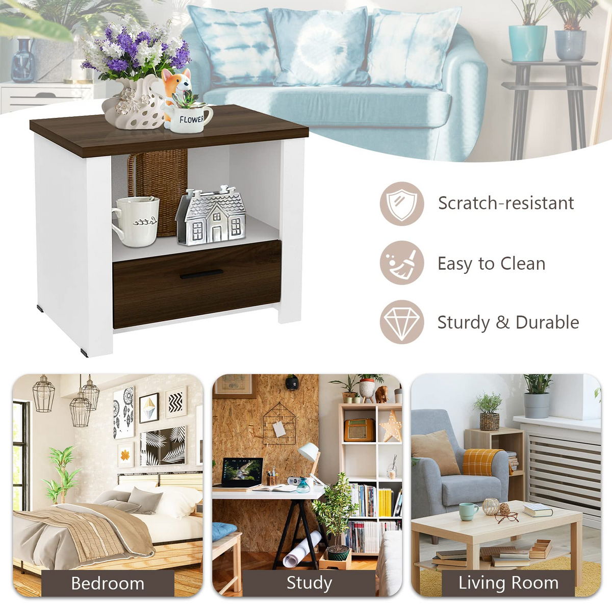 Goflame Nightstand, End Table with Glide Sliding Drawer & Open Cabinet, Modern Sofa Side Table for Living Room